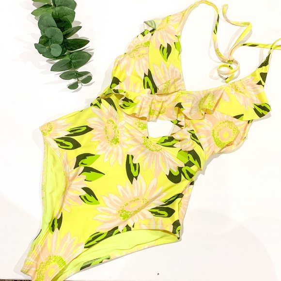 aerie Other - Aerie One-Piece Yellow Floral Ruffle Cutout Swimsu